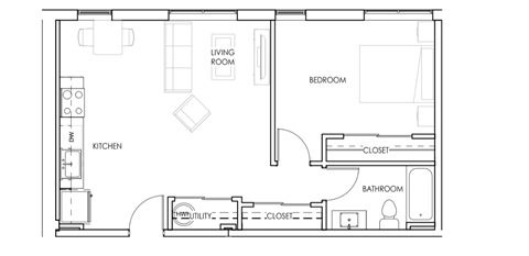 Floor plan for 1 bed, 1 bath, 664 sqft